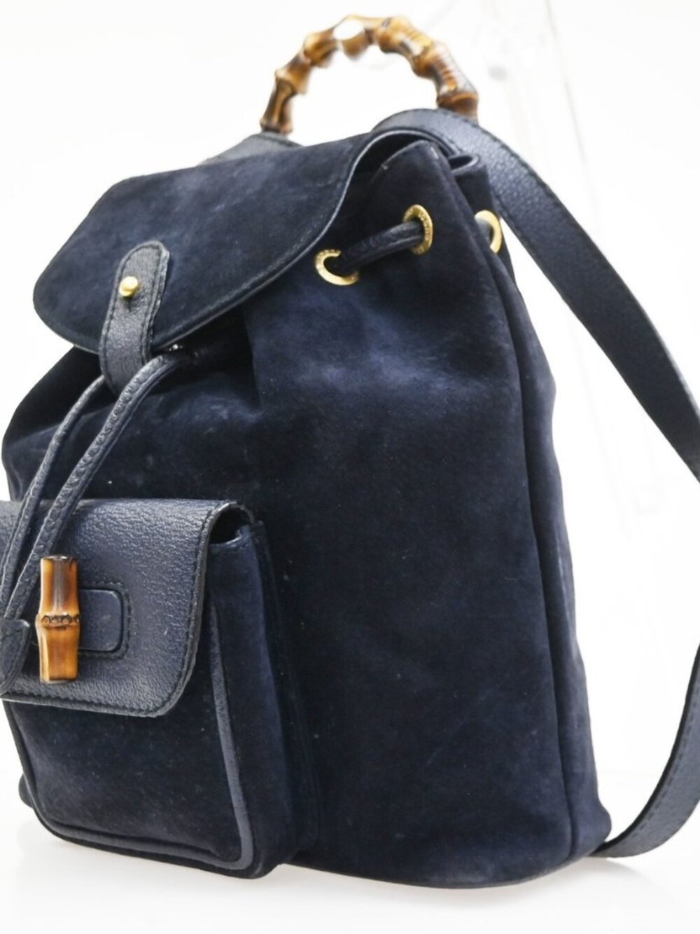 GUCCI Bamboo Logo 2way Back Pack Bag Suede Leather Navy Blue GHW Italy 38MA494 - Picture 2 of 16